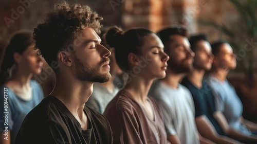group meditation in yoga studio men and women breathing with closed eyes breathwork concept photo