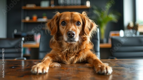 A brown dog is sitting on a wooden table in a restaurant