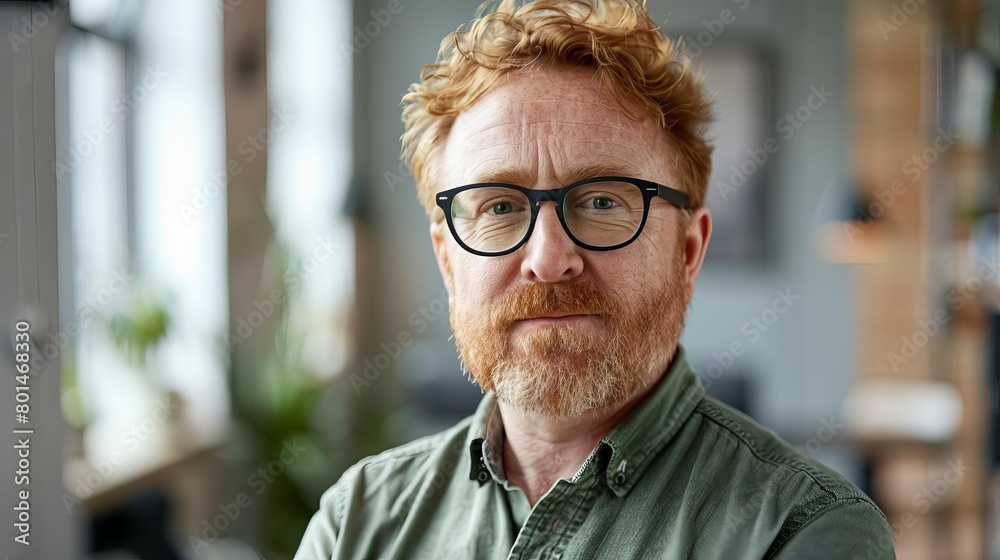 handsome middleaged man with red hair and glasses professional portrait in modern office handsome middleaged man with red hair and glasses professional portrait in modern office