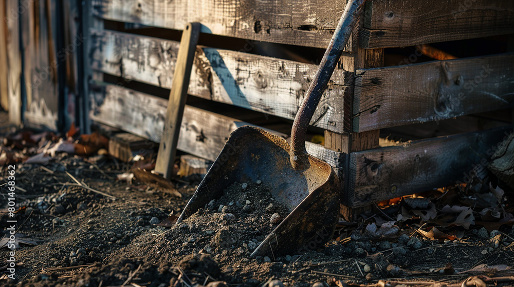 A weathered, well-used shovel leaning against a stack of wooden crates, hinting at a day's hard work in the orchard.