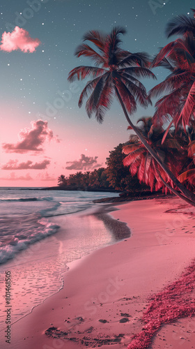 Pink Sunset Paradise  Full Moon  Palm Trees  Tropical Beach