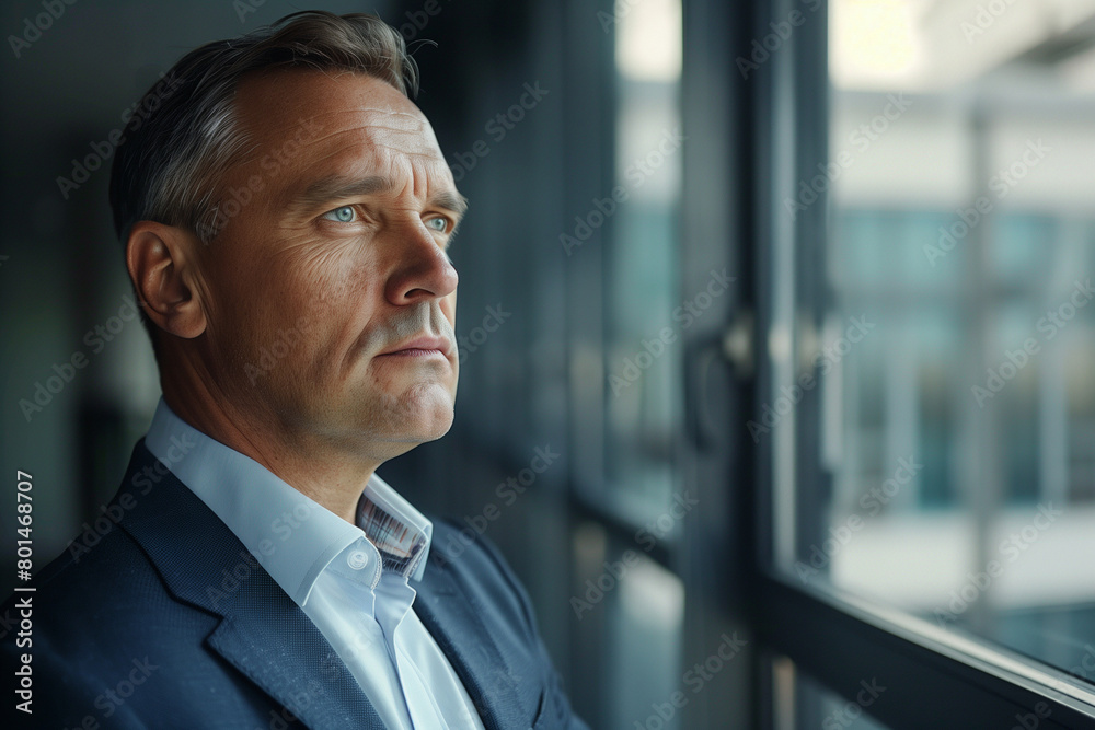 Fototapeta premium Portrait of mature businessman standing near window in office and looking away