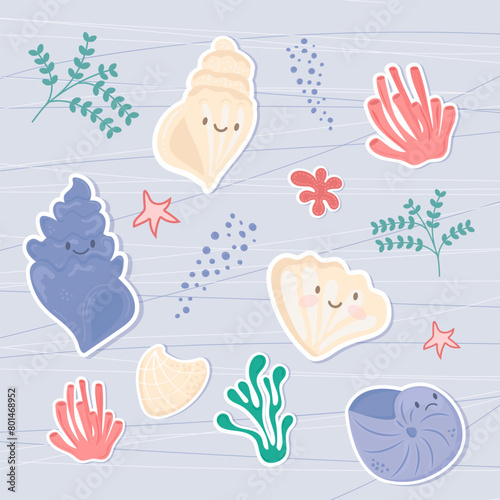 A set of funny stickers with seashells, corals and algae in the kawaii style.