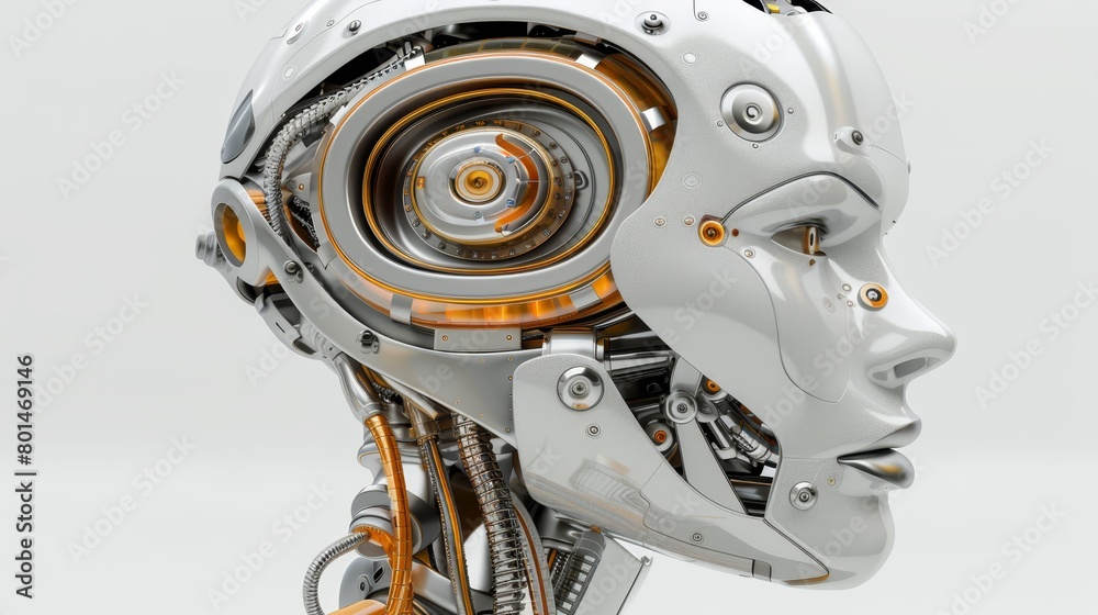 Fototapeta premium Up-close robotic head with gears forming a human facade against a pristine white backdrop ..OR..Intense view of