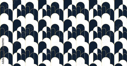 Abstract seamless pattern, art deco retro style. Vector nostalgic vintage geometric background with arcs and stripes. Dark colors and gold line art illustration. Fabric, paper, stationery, wallpaper.