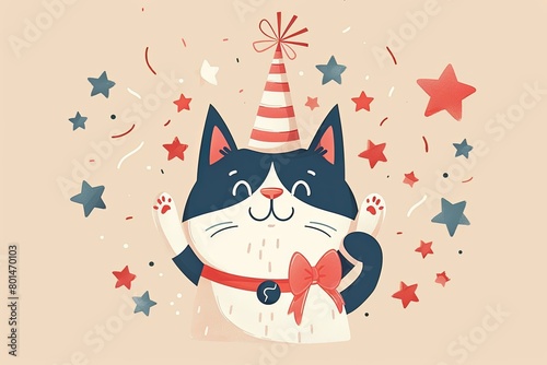 A cat celebrating 4th of July in the style of minimalistic flat illustration © Iryna
