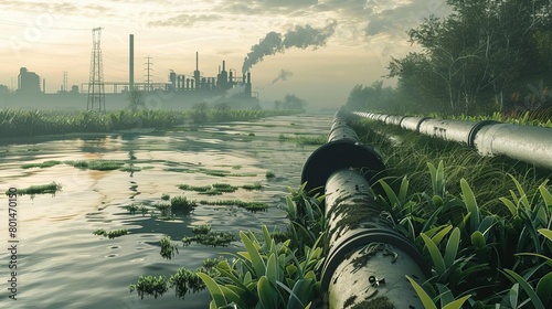 industrial wastewater pollution from factory pipe into river or sea illustration digital art 3d rendering photo