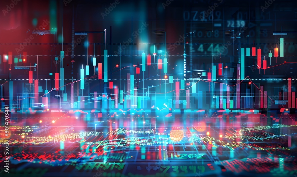 modern stock market chart, trading graph and candlestick charts on the screen. Background with business elements