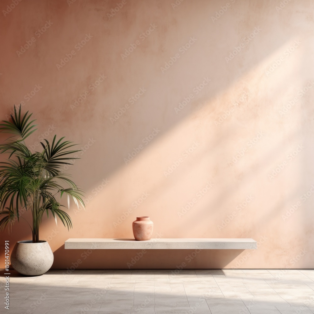 Coral minimalistic abstract empty stone wall mockup background for product presentation. Neutral industrial interior with light, plants, and shadow