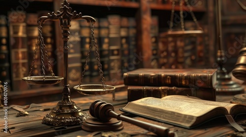 Picture a harmonious composition where the golden scales of justice, a gavel, and books come together to form a symbolic representation of the legal system