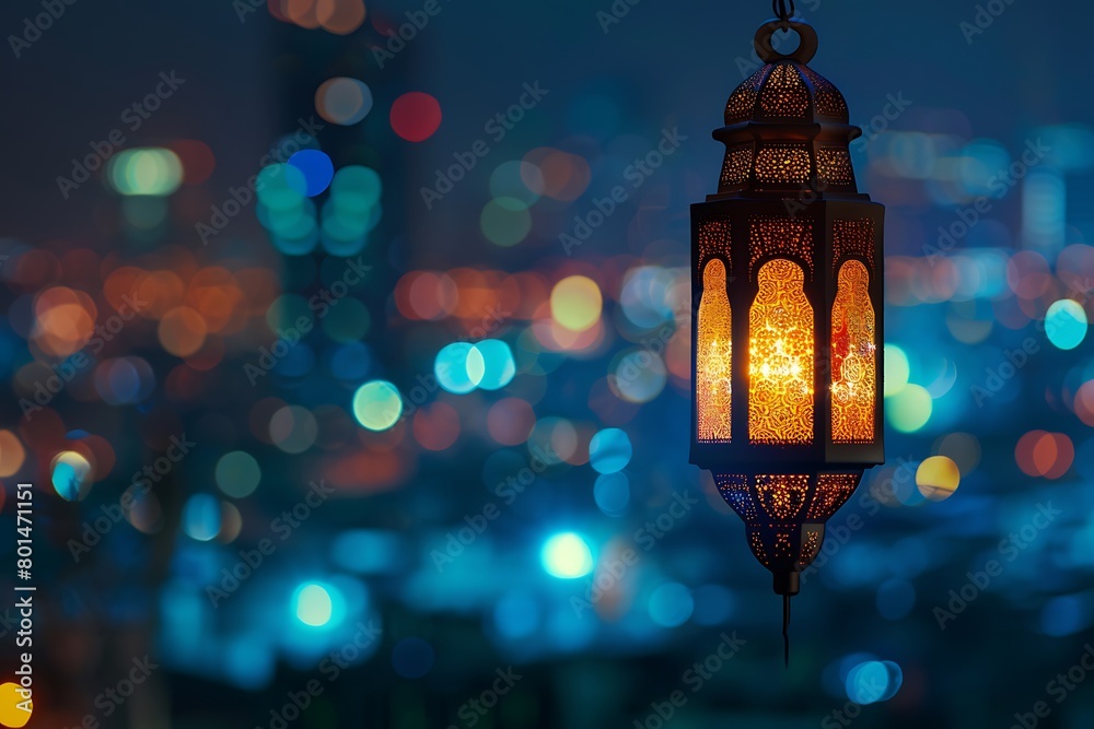 Hanging lantern with night sky and city bokeh light background for the Muslim feast of the holy month of Ramadan Kareem