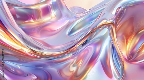 iridescent colorful metallic glass shapes twisting in 3d graphic composition digital illustration