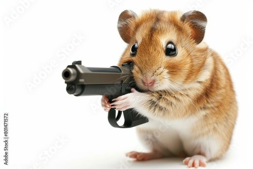 A hamster with a gun on white background. Unusual and intriguing concept