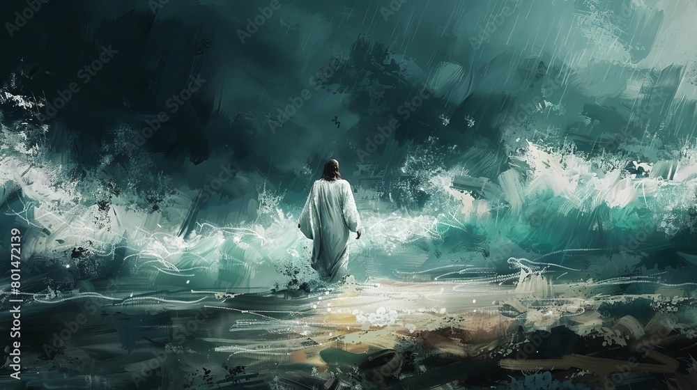 jesus christ walking on stormy sea savior rescuing humanity religious digital painting