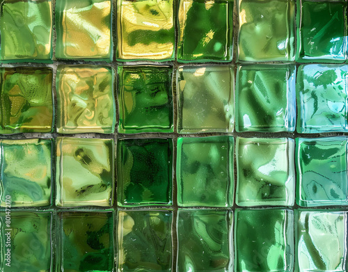 glass blocks wall texture, glass tile background, green color, flat lay view
