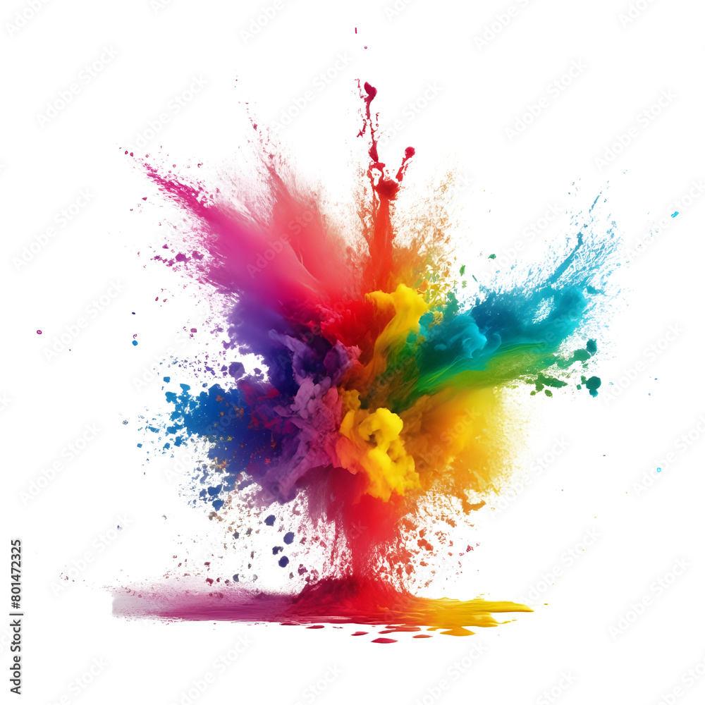 Multicolor paint explosion, Colored powder splash. Holi Rainbow splash on isolated white background, png