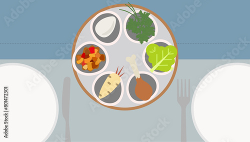  Jewish holiday Pesach, Passover seder plate with traditional food- egg, lettuce, shank bone, parsley, apple vector illustration