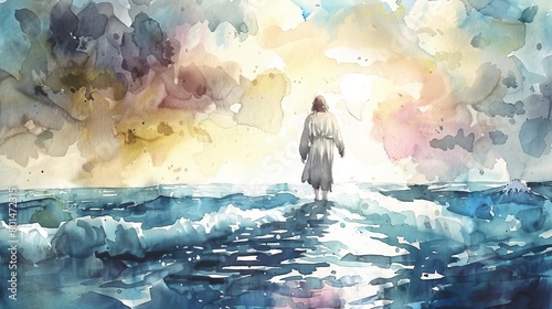 jesus walking on water watercolor biblical illustration religious art photo