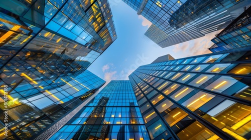 low angle view of modern glass office towers financial district architecture cityscape photo