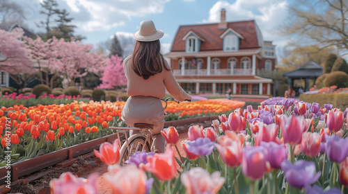  tulips flowers blooming all over under blue sky #801473721