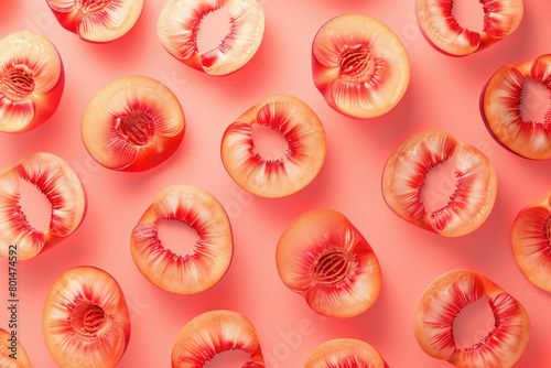 Sliced Red Plums Arranged Beautifully on Pink Background, Top View Flat Lay Image of Fresh Ripe Fruit