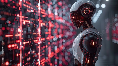 A humanoid robot gazes intently at a computer screen filled with complex code
