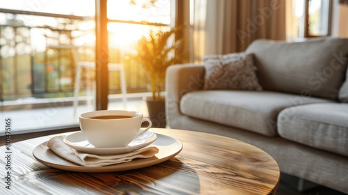 Wallpaper Mural   A cup of coffee on a saucer atop a wooden table, near a couch Torontodigital.ca