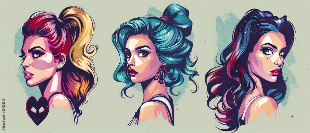 A series of vibrant illustrations showcasing diverse women’s hairstyles, each with unique designs, colors, and stylized portraits. A series of vibrant illustrations showcasing diverse women’s hairstyles, each with unique designs, colors, and stylized portraits.