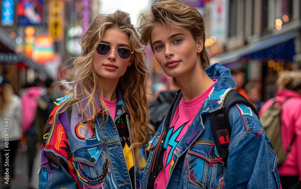 girls in bright clothes, sunglasses, 90s street fashion on a busy city sidewalk
