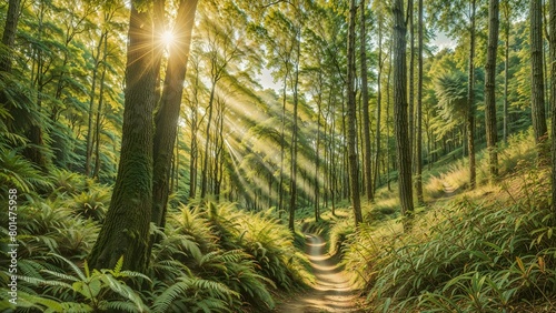 Beautiful green forest with sunlight in morning at Doi Inthanon National Park, Chiang Mai, Thailand photo
