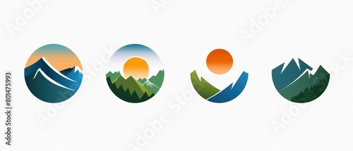 A series of circular icons, each showcasing stylized landscapes with mountains, greenery, and birds in vibrant colors. photo