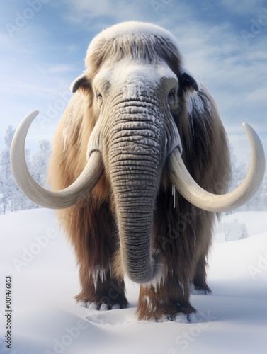 portrait of a mammoth with snow isolated on white background. 