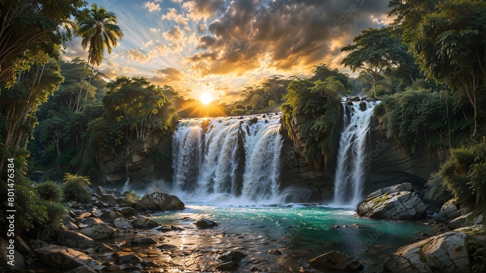 Tropical waterfall in the jungle at sunset. Panorama
