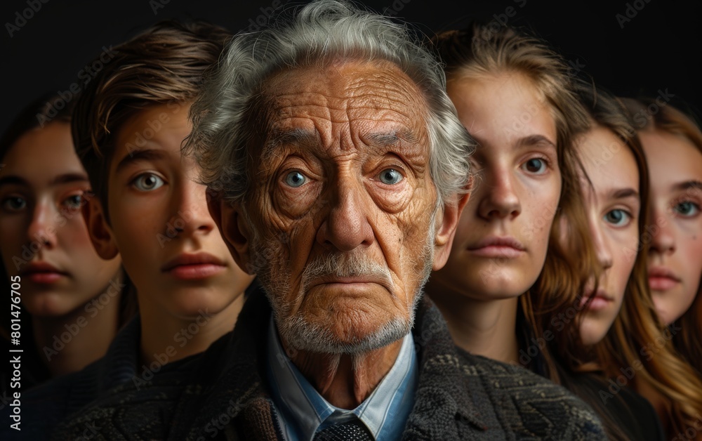 Portrait of a senior man with his family in the background. Portrait of a senior man with his family in the background.