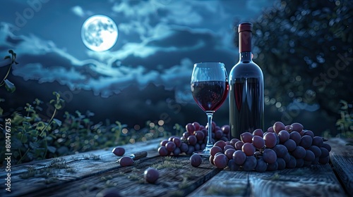 a red wine bottle and glasses arranged on an old wooden table, adorned with grapes, against the backdrop of a beautiful moonlit night scenery in the distance.