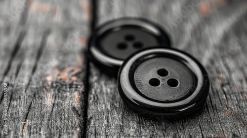  Two black buttons sit atop a wooden table Nearby, a pair of eyeglasses rests in the same manner