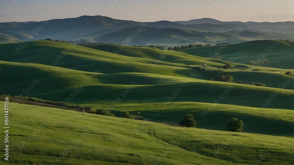 Fototapeta premium A view of rolling green hills separated against a clear backdrop.