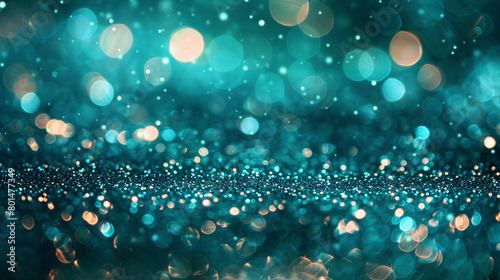 Glowing Aquamarine Optical Bokeh Lights, Glitter and Sparkle Dust on Abstract Background, HD Quality