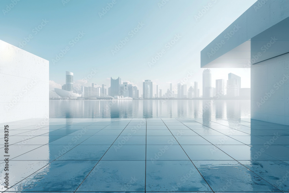 Fototapeta premium Modern buildings by the lake. The modern urban skyline is in the background.