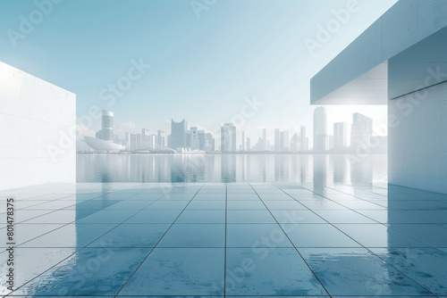 Modern buildings by the lake. The modern urban skyline is in the background.