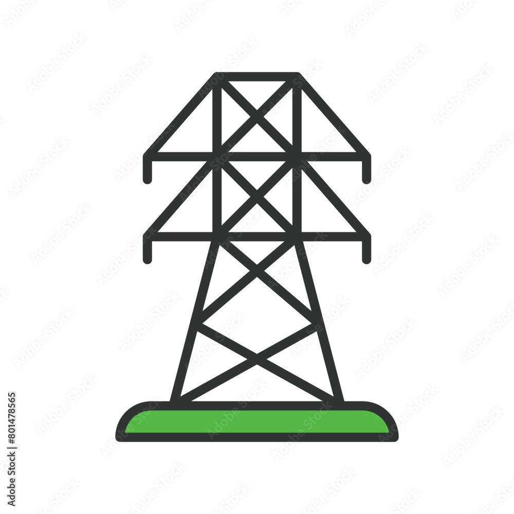Electric tower, in line design, green. Electric tower, Power transmission, High voltage, Electrical grid, Transmission line on white background vector. Electric tower editable stroke icon. Electric tower, in line design, green. Electric tower, Power transmission, High voltage, Electrical grid, Transmission line on white background vector. Electric tower editable stroke icon.