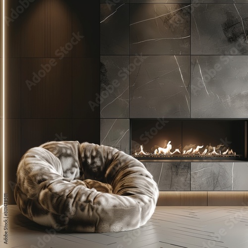 a luxurious papasan chair with a faux fur cushion, placed beside a sleek, modern fireplace in a high-end apartment. The chair's design contrasts with the room's minimalist aesthetics photo