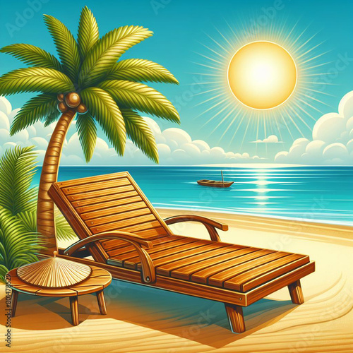 Summertime relaxation with view of blue sea,sand,sun,swim ring,sandals,beach ball coconut palm treea