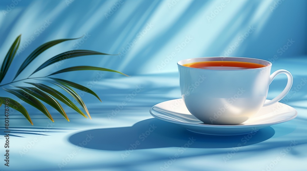   A cup of tea sits on a saucer, placed on another saucer Behind them, a palm tree stands in the background