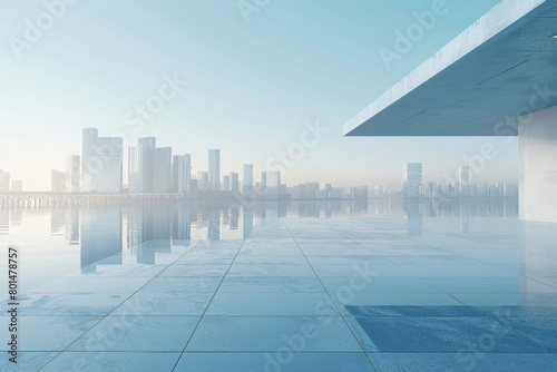 Modern buildings by the lake. The modern urban skyline is in the background.