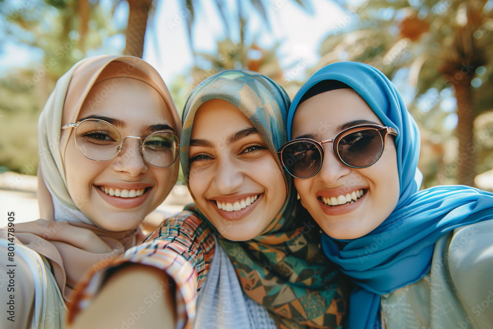 smiling muslim women in sunglasses taking selfie