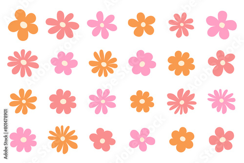 Hippy groovy daisy flowers set. Retro vintage style, hand drawn elements. 60s, 70s, icon flower, pastel colors,  Flat cartoon illustration.