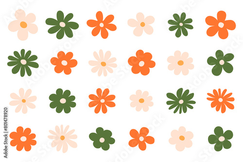 Hippy groovy daisy flowers set. Retro vintage style, hand drawn elements. 60s, 70s, icon flower, pastel colors,  Flat cartoon illustration.