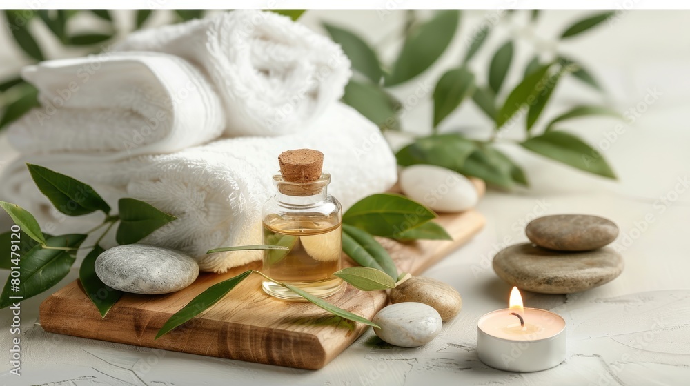 a spa setting featuring an essential oil bottle, candle, and white towel arranged on a wooden board amidst lush green leaves and hot stones, against a soothing light grey background a spa setting featuring an essential oil bottle, candle, and white towel arranged on a wooden board amidst lush green leaves and hot stones, against a soothing light grey background