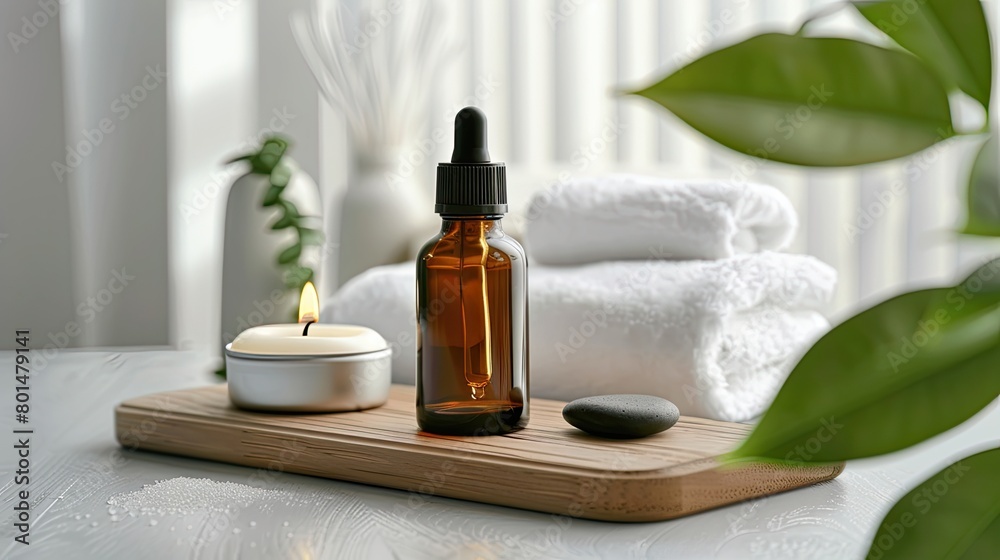a spa setting featuring an essential oil bottle, candle, and white towel arranged on a wooden board amidst lush green leaves and hot stones, against a soothing light grey background